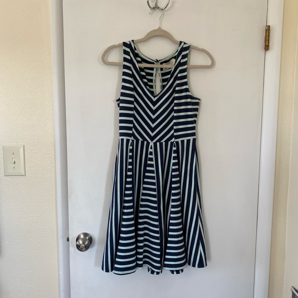 Anthroplogie Saturday Sunday Fit & Flare Skater Dress, Navy & mint stripes Small